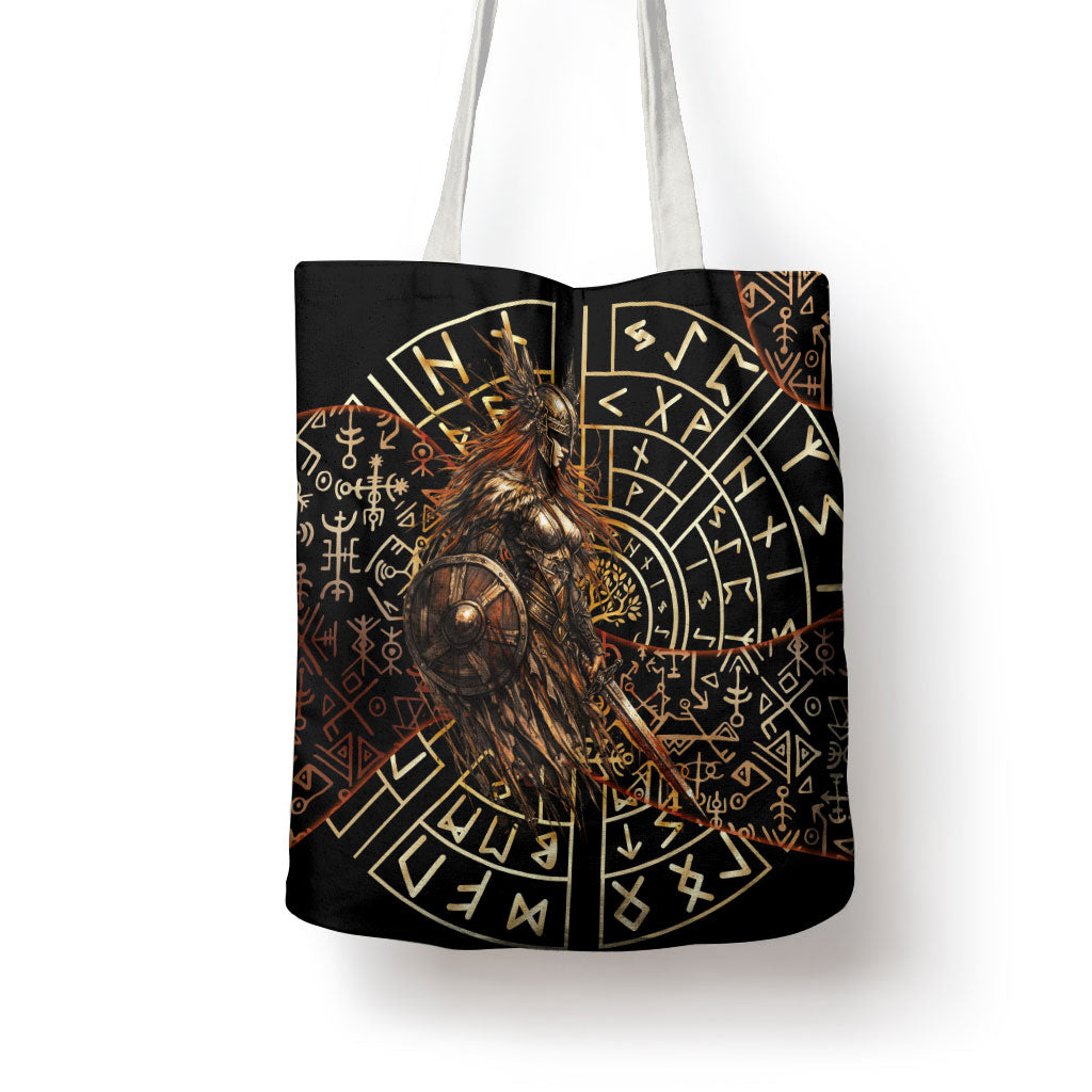 Viking Shieldmaiden and Yggdrasil Tote Bag Norse Rune Circle Mythology Illustration