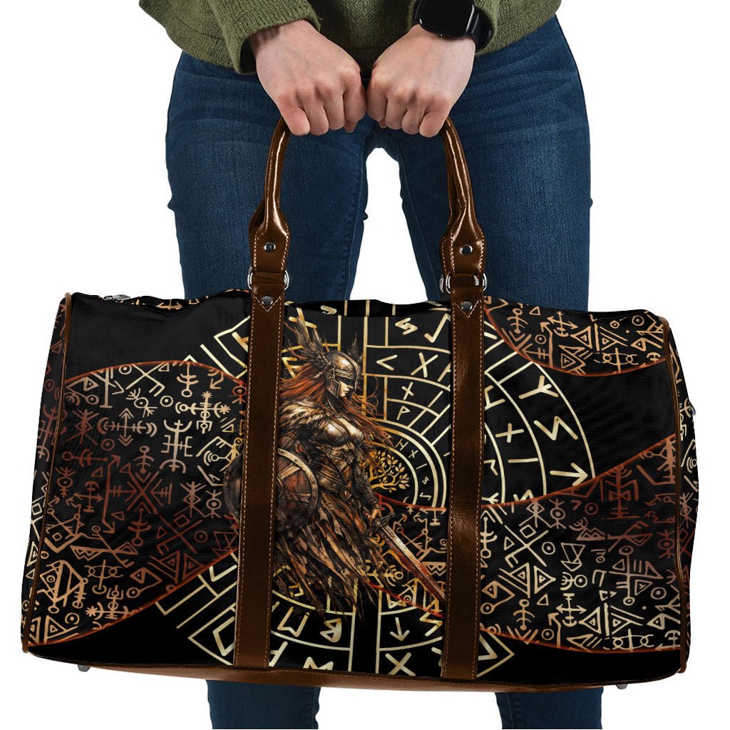 Viking Shieldmaiden and Yggdrasil Travel Bag Norse Rune Circle Mythology Illustration