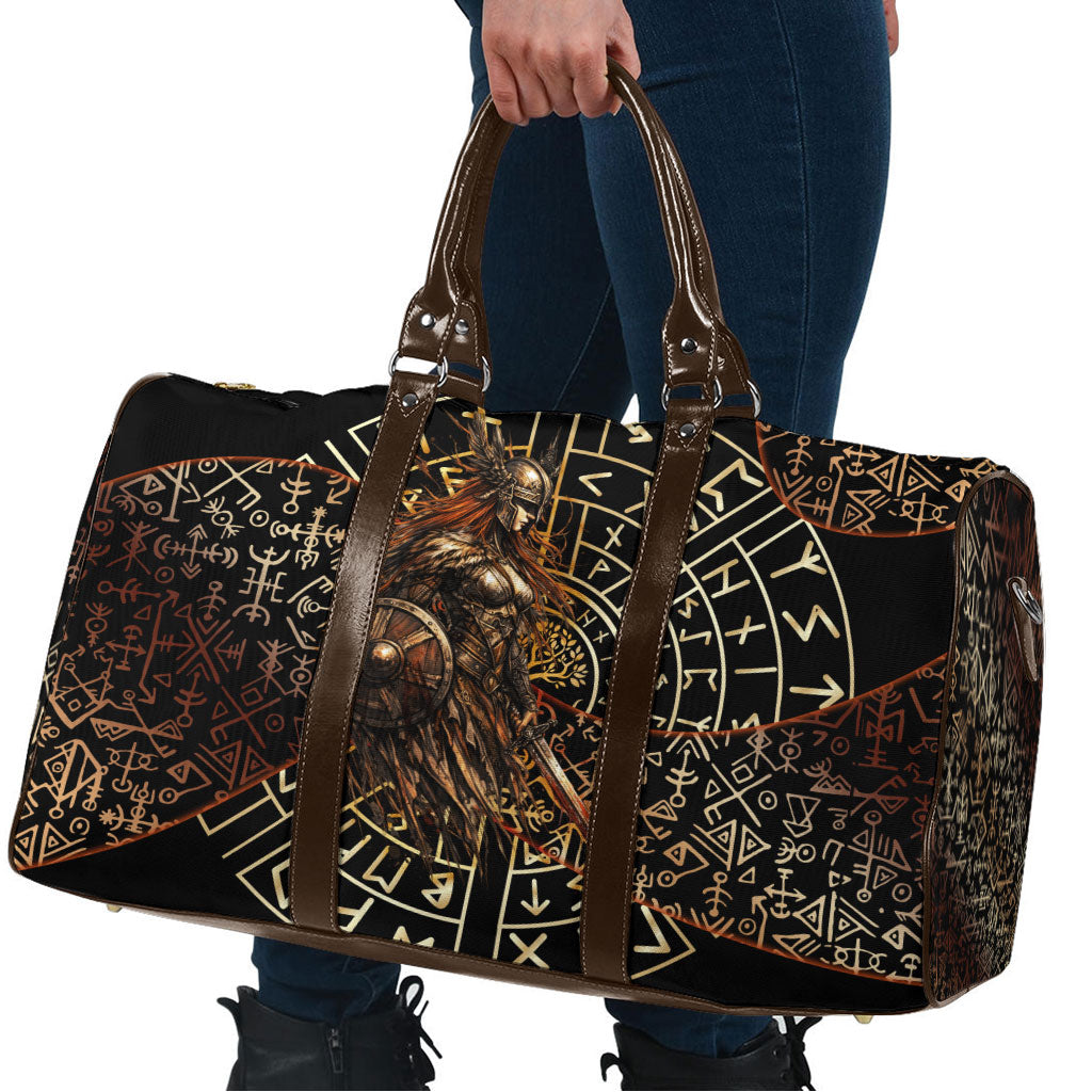 Viking Shieldmaiden and Yggdrasil Travel Bag Norse Rune Circle Mythology Illustration