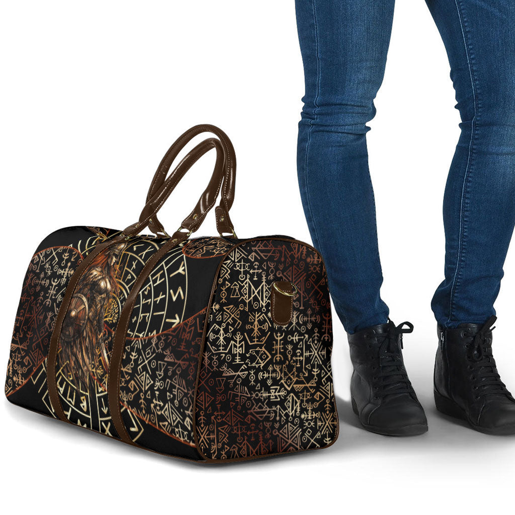 Viking Shieldmaiden and Yggdrasil Travel Bag Norse Rune Circle Mythology Illustration
