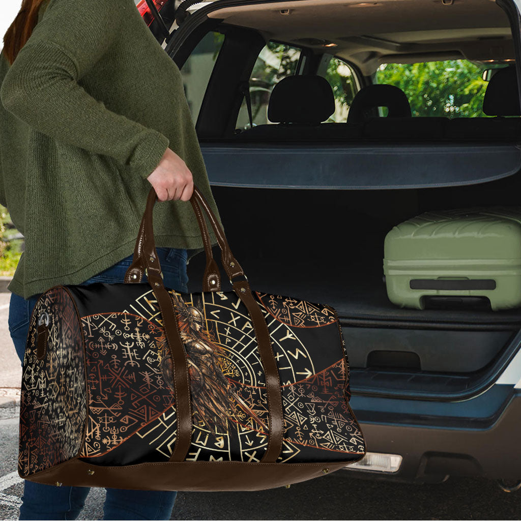 Viking Shieldmaiden and Yggdrasil Travel Bag Norse Rune Circle Mythology Illustration