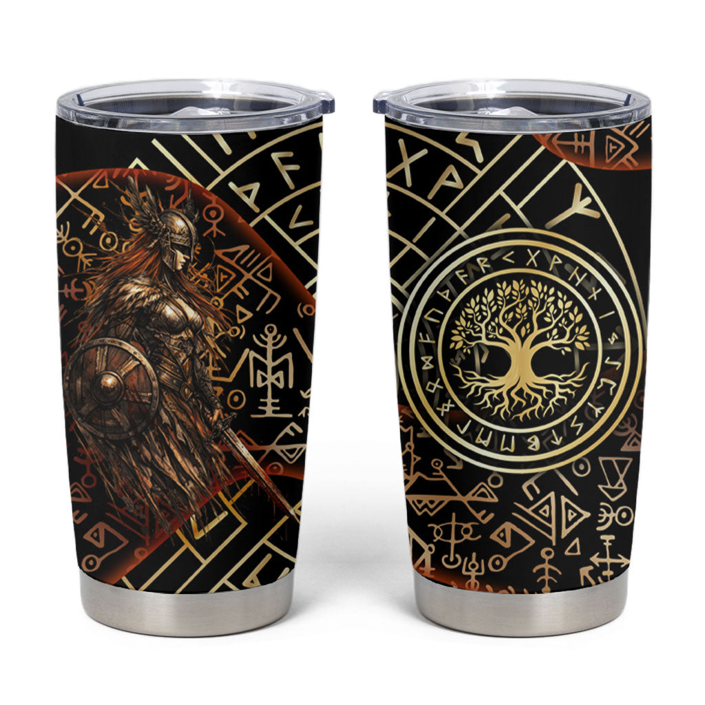 Viking Shieldmaiden and Yggdrasil Tumbler Cup Norse Rune Circle Mythology Illustration