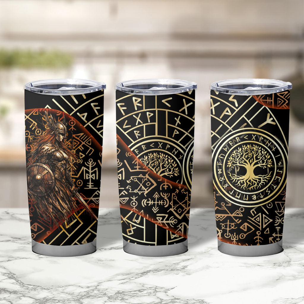Viking Shieldmaiden and Yggdrasil Tumbler Cup Norse Rune Circle Mythology Illustration