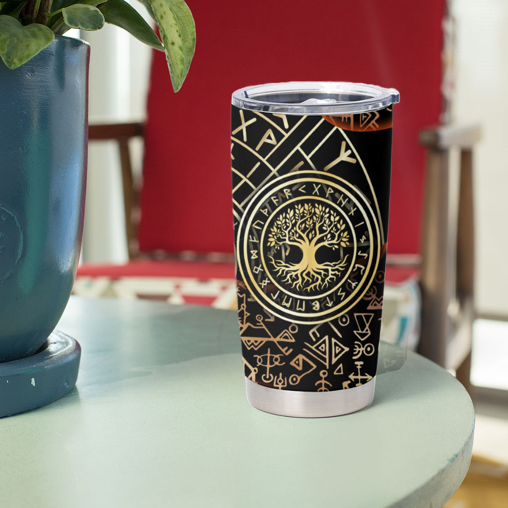 Viking Shieldmaiden and Yggdrasil Tumbler Cup Norse Rune Circle Mythology Illustration