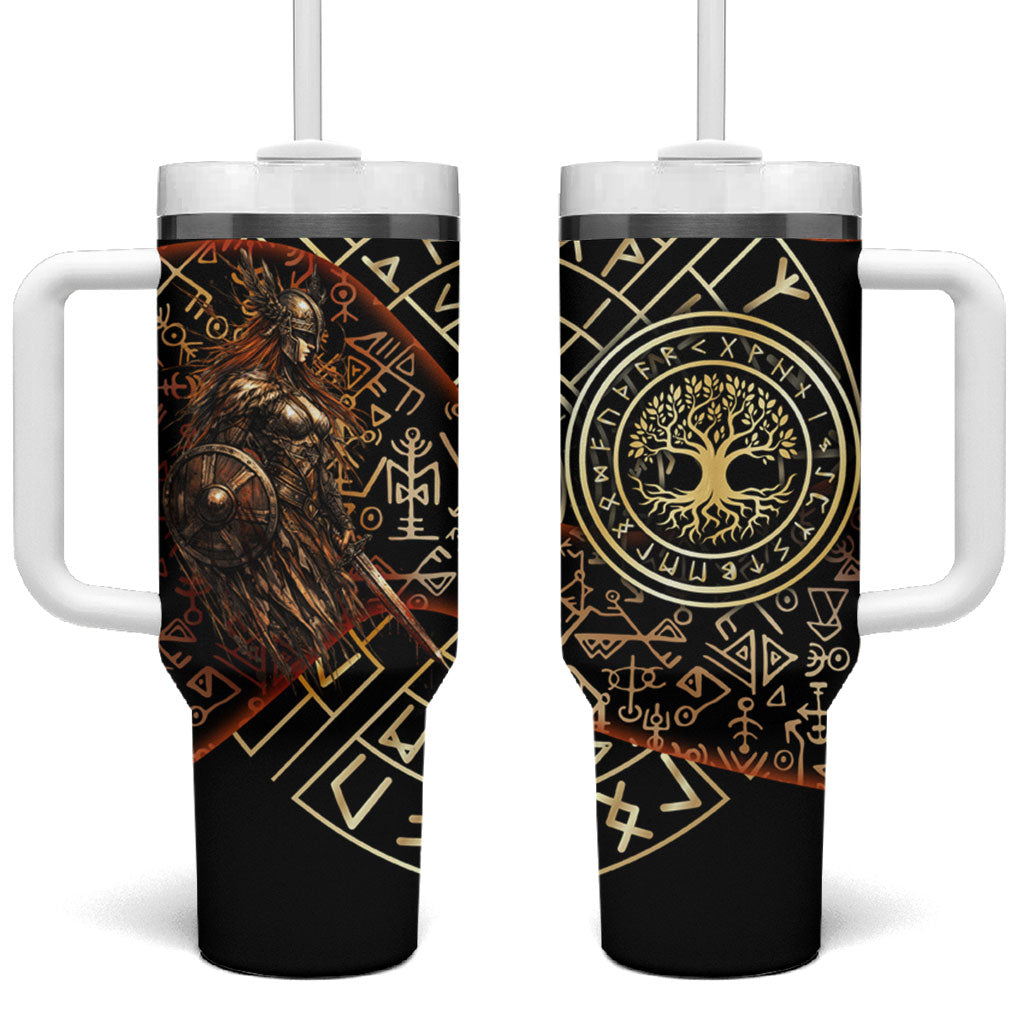 Viking Shieldmaiden and Yggdrasil Tumbler With Handle Norse Rune Circle Mythology Illustration