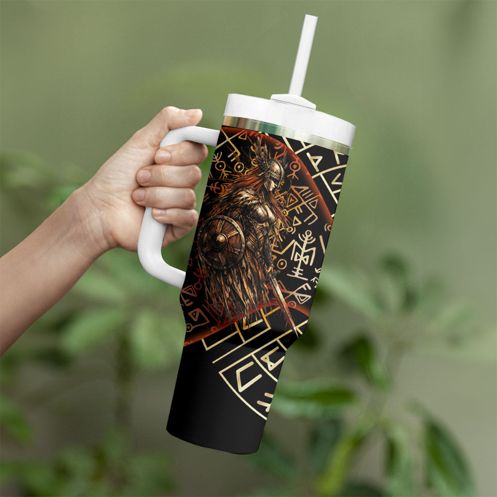 Viking Shieldmaiden and Yggdrasil Tumbler With Handle Norse Rune Circle Mythology Illustration