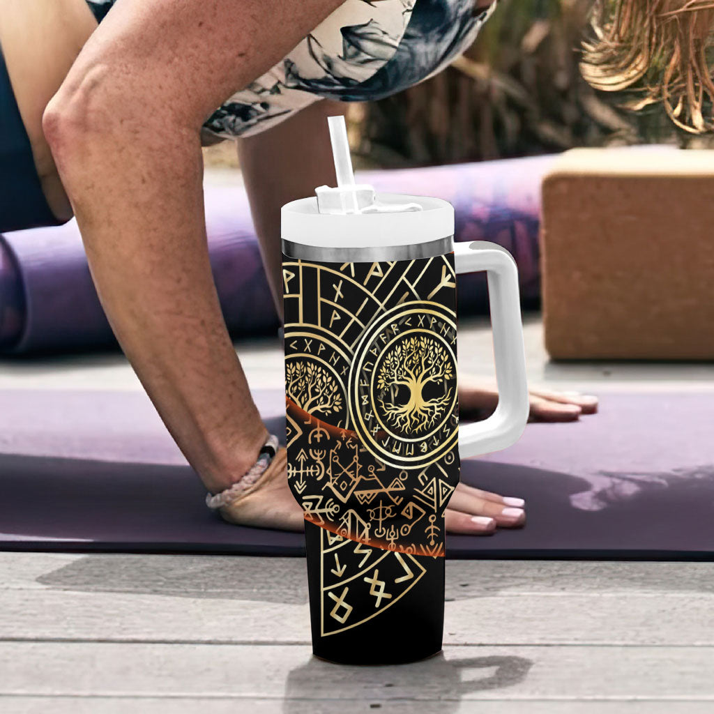Viking Shieldmaiden and Yggdrasil Tumbler With Handle Norse Rune Circle Mythology Illustration