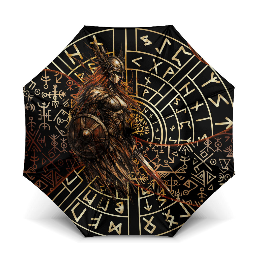 Viking Shieldmaiden and Yggdrasil Umbrella Norse Rune Circle Mythology Illustration