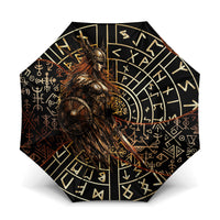Viking Shieldmaiden and Yggdrasil Umbrella Norse Rune Circle Mythology Illustration