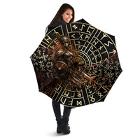 Viking Shieldmaiden and Yggdrasil Umbrella Norse Rune Circle Mythology Illustration