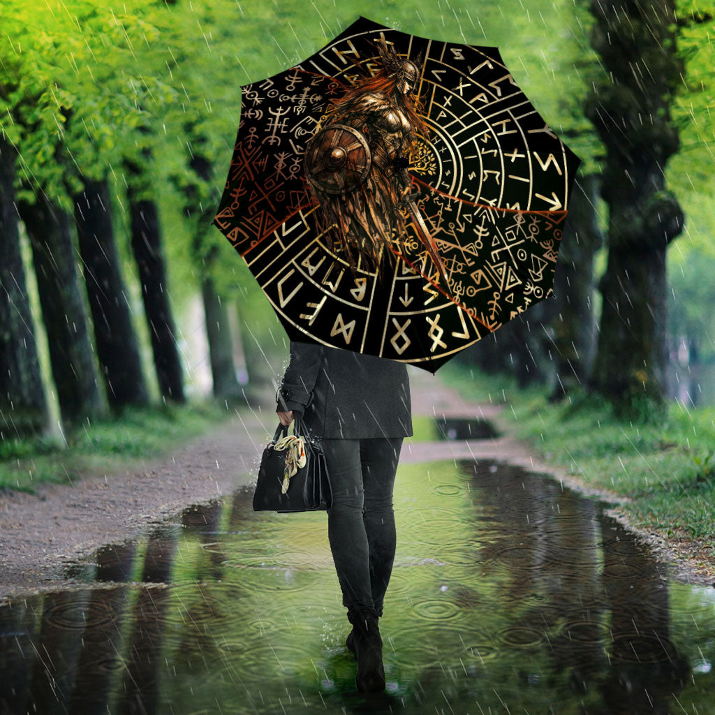 Viking Shieldmaiden and Yggdrasil Umbrella Norse Rune Circle Mythology Illustration
