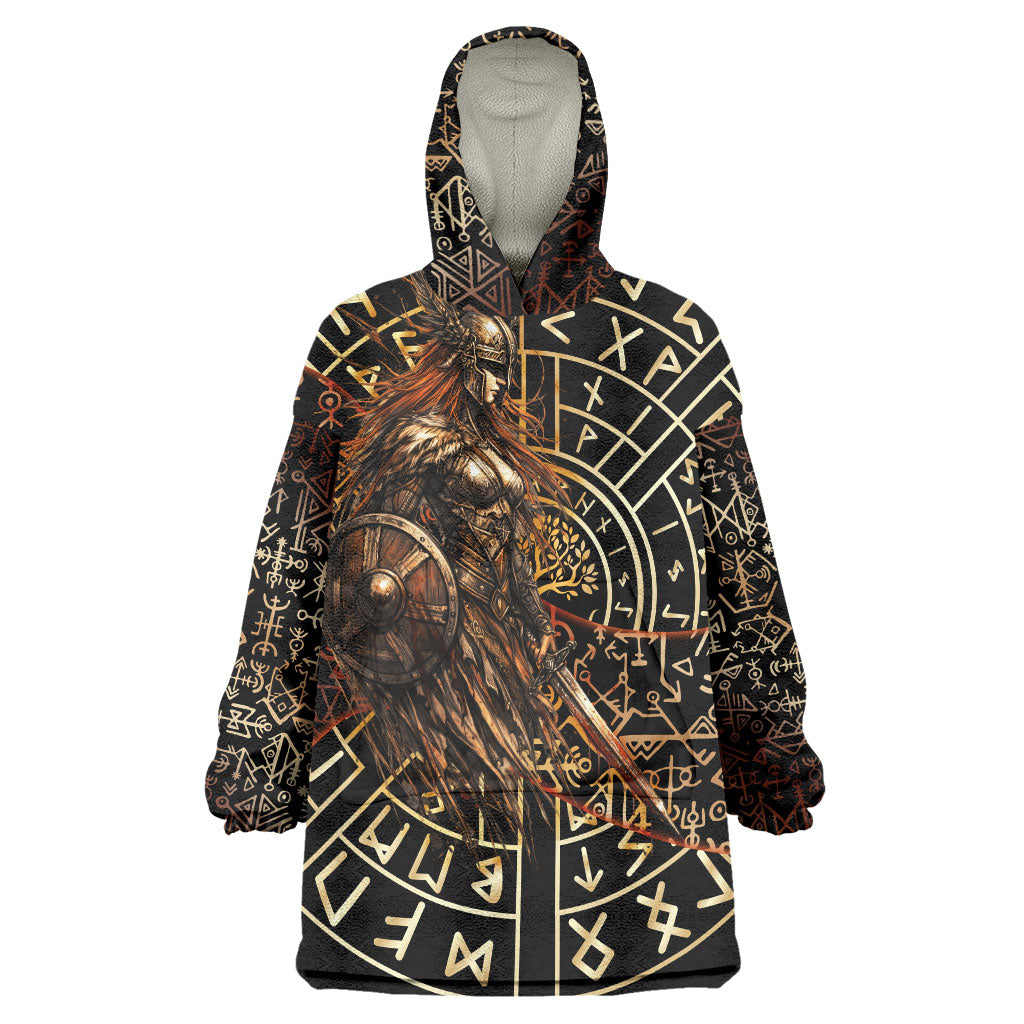 Viking Shieldmaiden and Yggdrasil Wearable Blanket Hoodie Norse Rune Circle Mythology Illustration