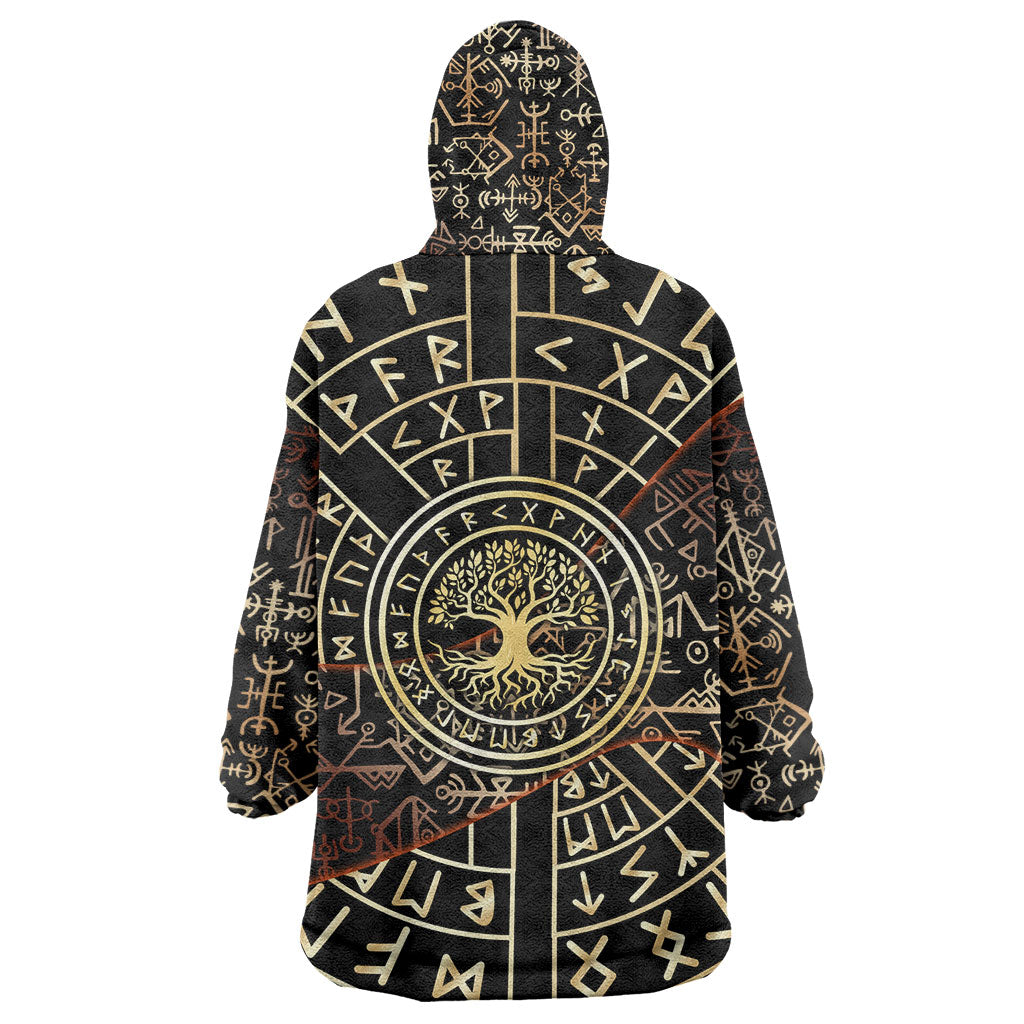 Viking Shieldmaiden and Yggdrasil Wearable Blanket Hoodie Norse Rune Circle Mythology Illustration