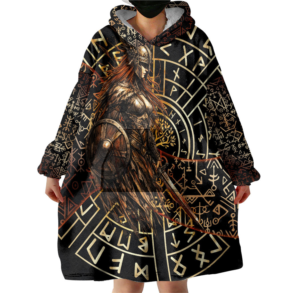 Viking Shieldmaiden and Yggdrasil Wearable Blanket Hoodie Norse Rune Circle Mythology Illustration