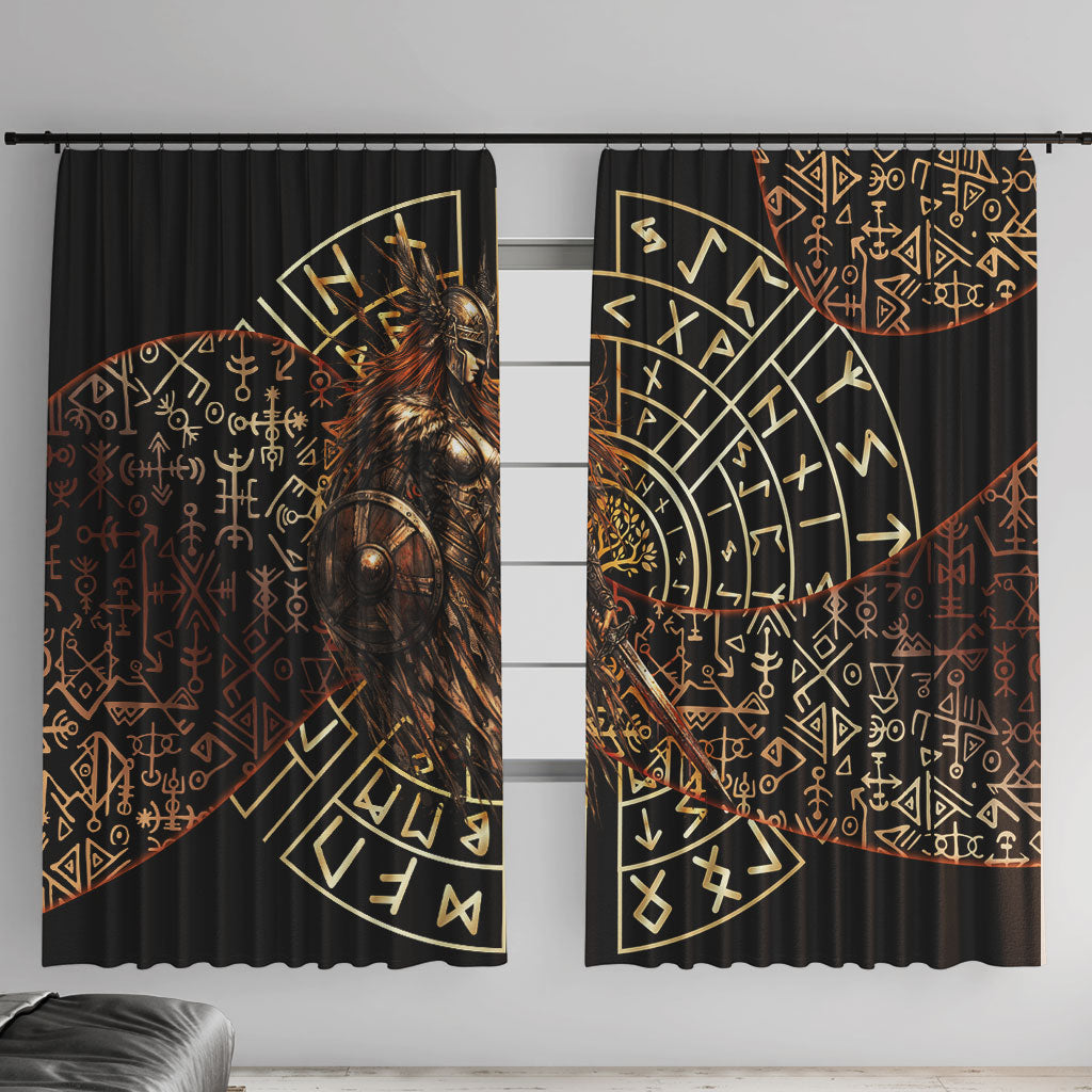 Viking Shieldmaiden and Yggdrasil Window Curtain Norse Rune Circle Mythology Illustration