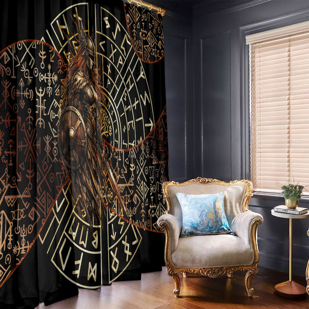 Viking Shieldmaiden and Yggdrasil Window Curtain Norse Rune Circle Mythology Illustration