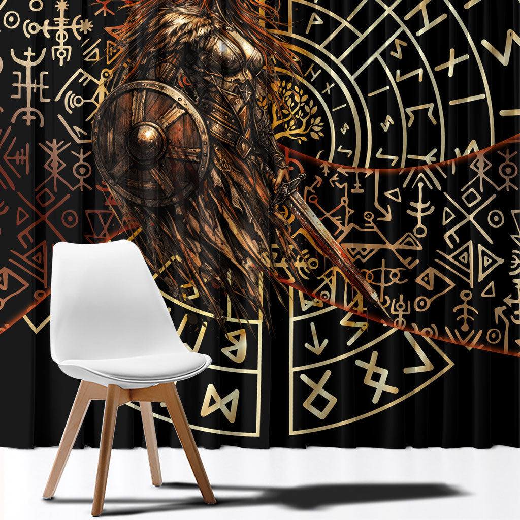 Viking Shieldmaiden and Yggdrasil Window Curtain Norse Rune Circle Mythology Illustration