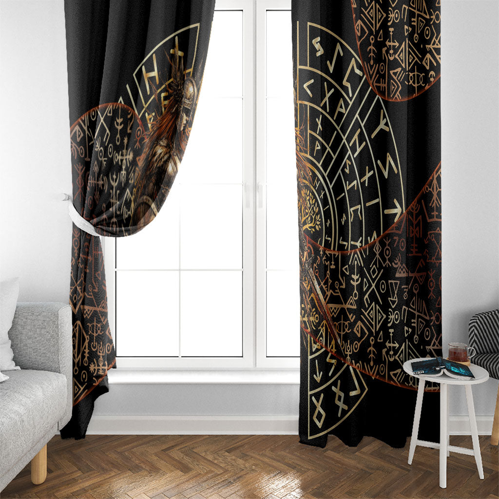Viking Shieldmaiden and Yggdrasil Window Curtain Norse Rune Circle Mythology Illustration