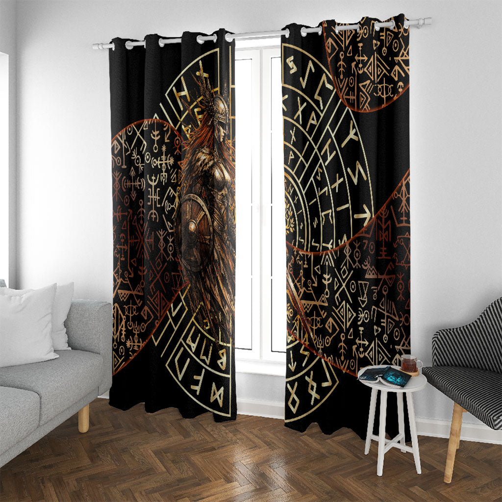 Viking Shieldmaiden and Yggdrasil Window Curtain Norse Rune Circle Mythology Illustration
