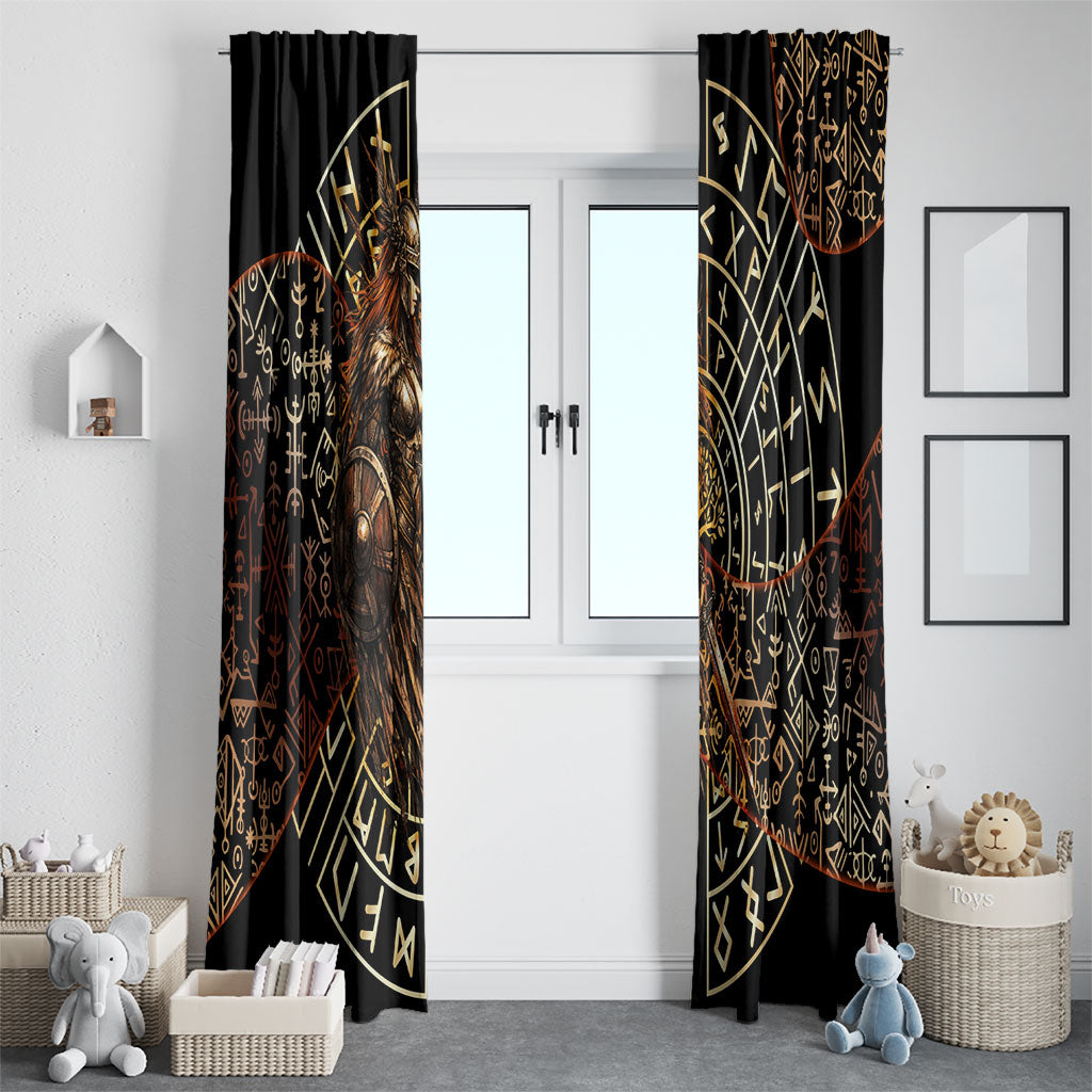 Viking Shieldmaiden and Yggdrasil Window Curtain Norse Rune Circle Mythology Illustration