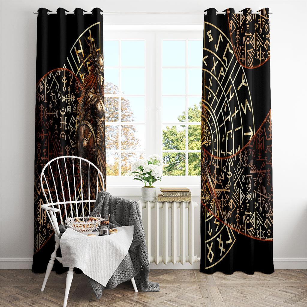 Viking Shieldmaiden and Yggdrasil Window Curtain Norse Rune Circle Mythology Illustration