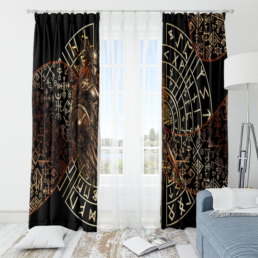 Viking Shieldmaiden and Yggdrasil Window Curtain Norse Rune Circle Mythology Illustration