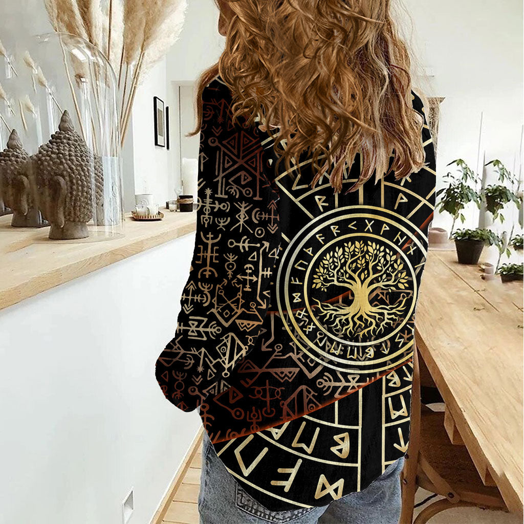 Viking Shieldmaiden and Yggdrasil Women Casual Shirt Norse Rune Circle Mythology Illustration
