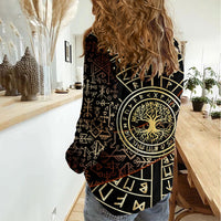 Viking Shieldmaiden and Yggdrasil Women Casual Shirt Norse Rune Circle Mythology Illustration