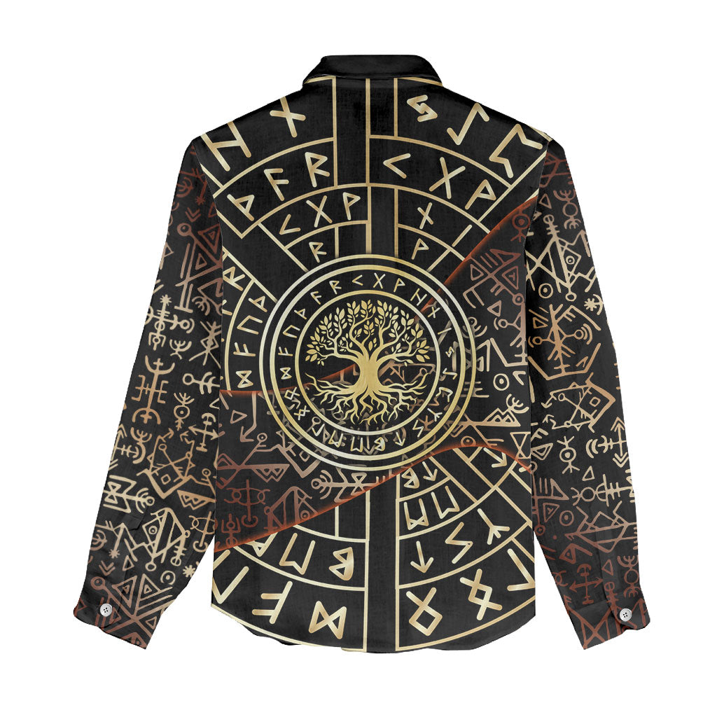 Viking Shieldmaiden and Yggdrasil Women Casual Shirt Norse Rune Circle Mythology Illustration