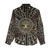 Viking Shieldmaiden and Yggdrasil Women Casual Shirt Norse Rune Circle Mythology Illustration