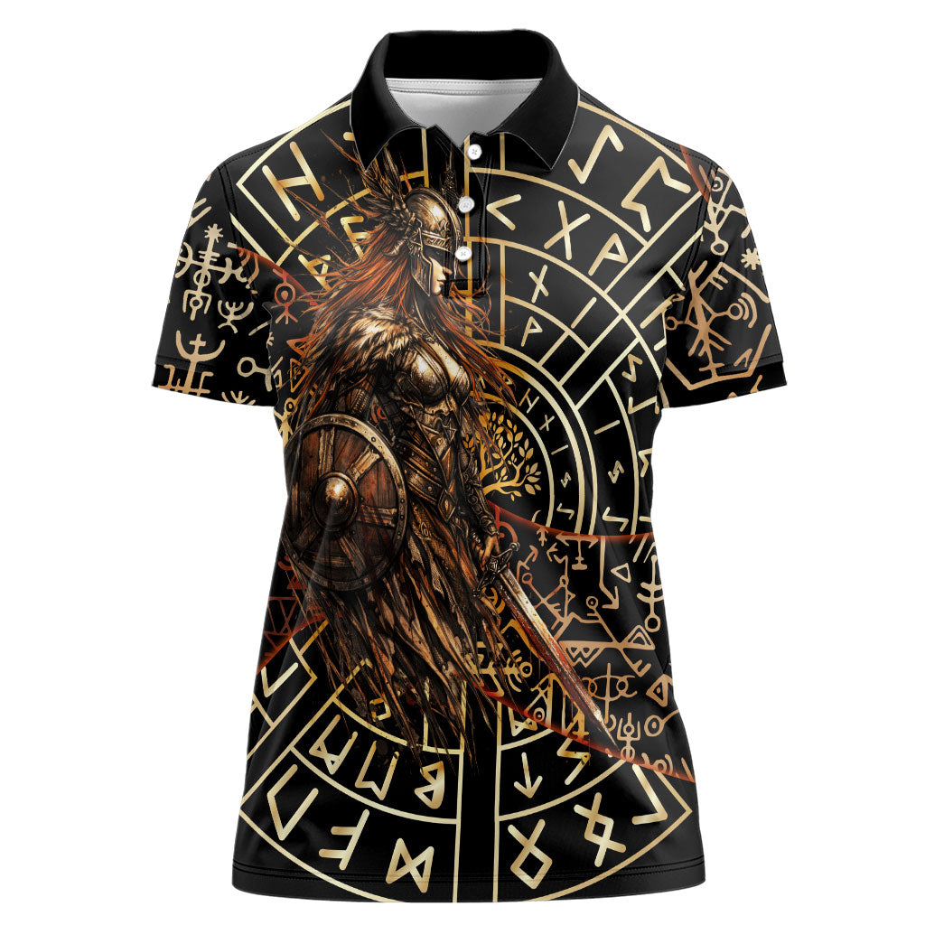 Viking Shieldmaiden and Yggdrasil Women Polo Shirt Norse Rune Circle Mythology Illustration