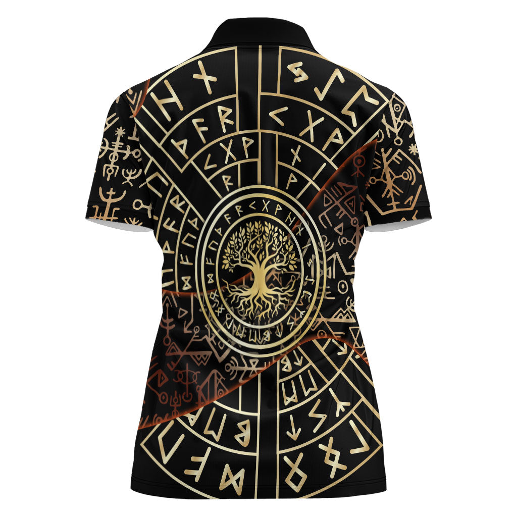 Viking Shieldmaiden and Yggdrasil Women Polo Shirt Norse Rune Circle Mythology Illustration