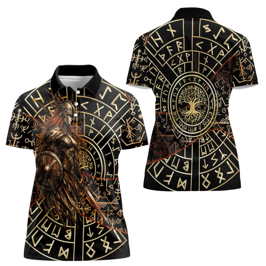 Viking Shieldmaiden and Yggdrasil Women Polo Shirt Norse Rune Circle Mythology Illustration