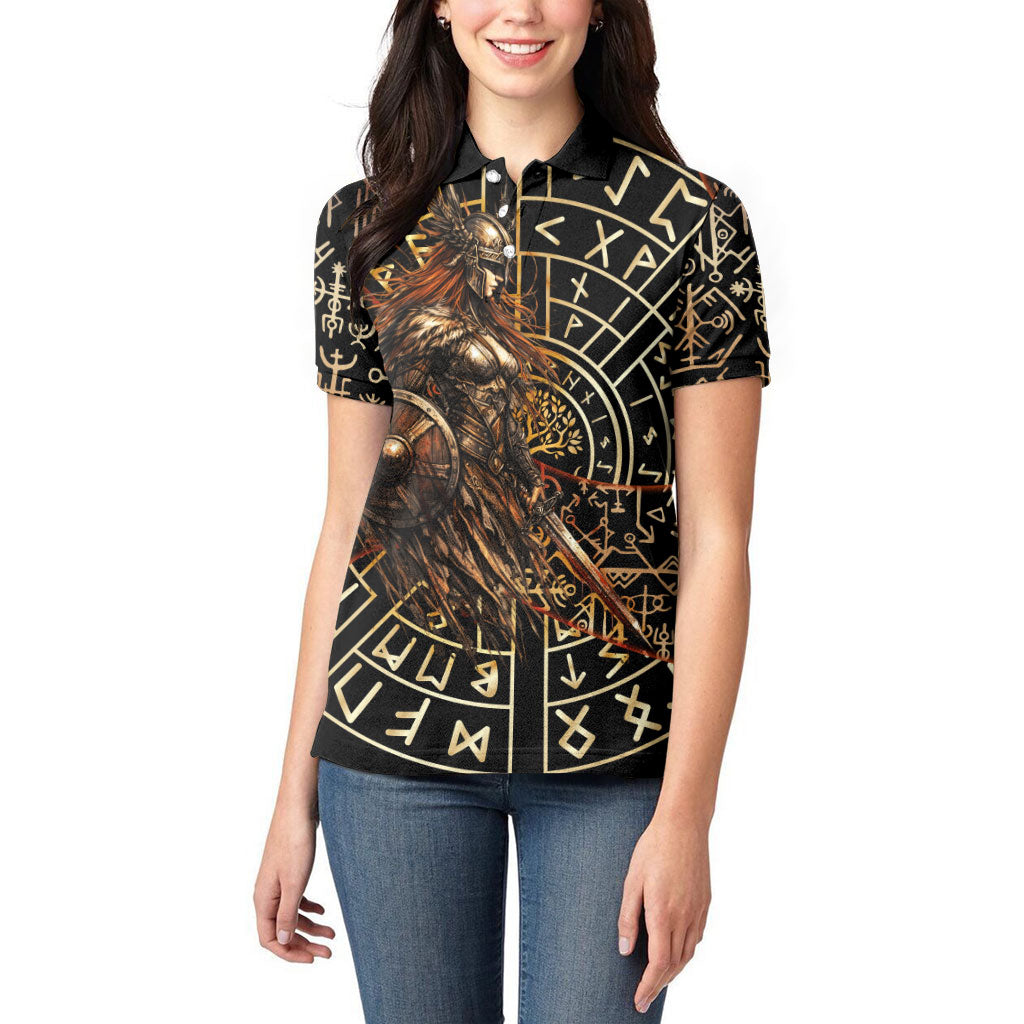 Viking Shieldmaiden and Yggdrasil Women Polo Shirt Norse Rune Circle Mythology Illustration