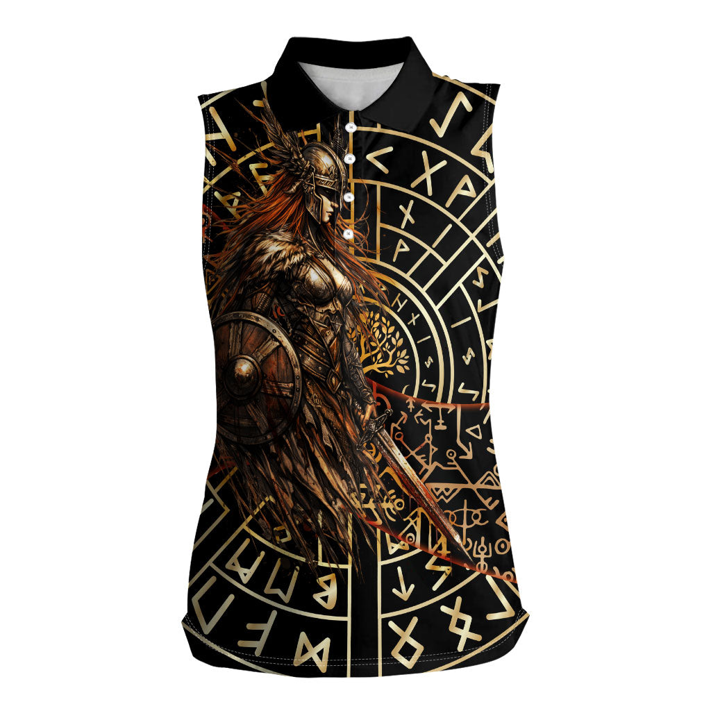 Viking Shieldmaiden and Yggdrasil Women Sleeveless Polo Shirt Norse Rune Circle Mythology Illustration