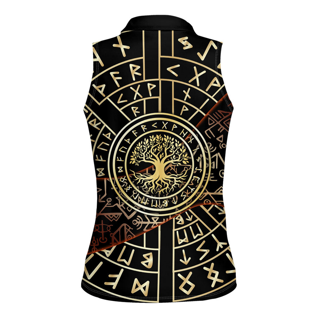 Viking Shieldmaiden and Yggdrasil Women Sleeveless Polo Shirt Norse Rune Circle Mythology Illustration