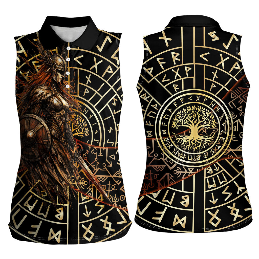 Viking Shieldmaiden and Yggdrasil Women Sleeveless Polo Shirt Norse Rune Circle Mythology Illustration