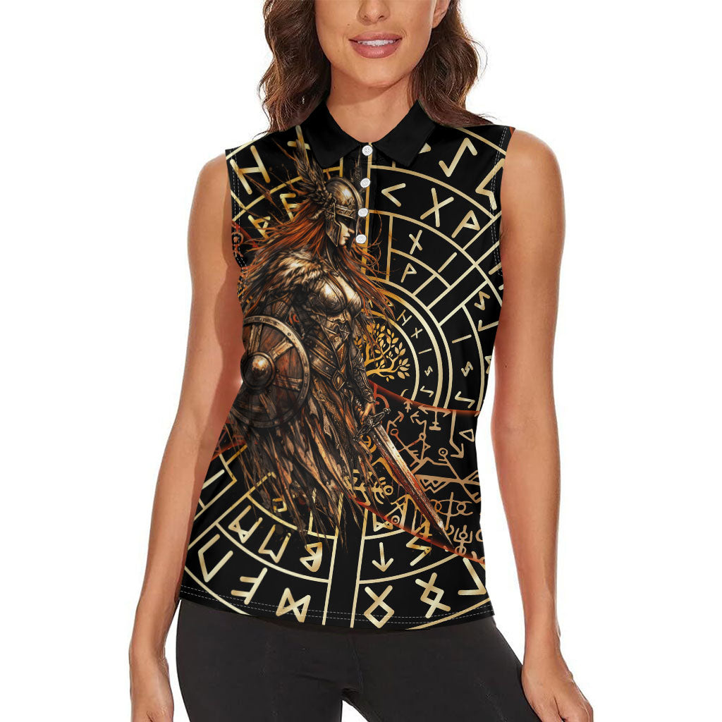 Viking Shieldmaiden and Yggdrasil Women Sleeveless Polo Shirt Norse Rune Circle Mythology Illustration