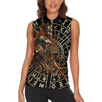 Viking Shieldmaiden and Yggdrasil Women Sleeveless Polo Shirt Norse Rune Circle Mythology Illustration