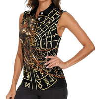 Viking Shieldmaiden and Yggdrasil Women Sleeveless Polo Shirt Norse Rune Circle Mythology Illustration