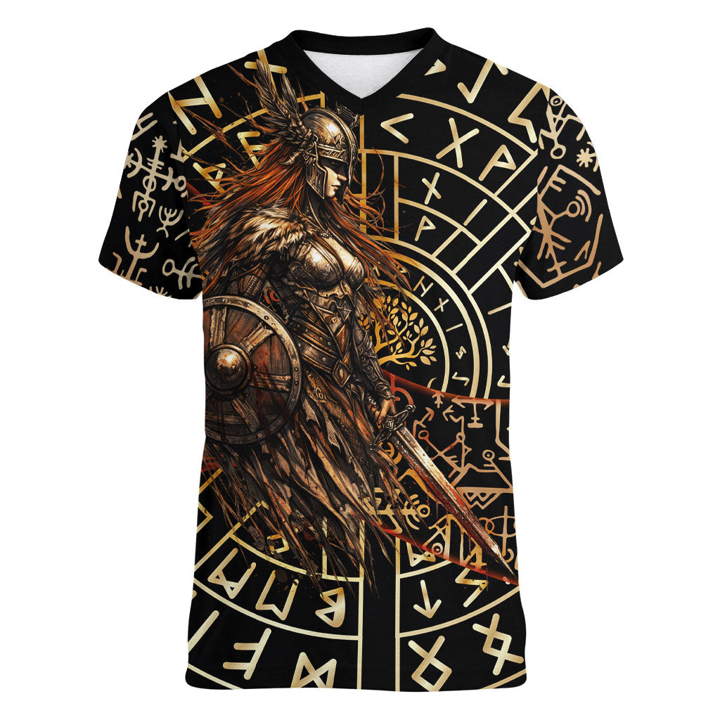 Viking Shieldmaiden and Yggdrasil Women V-Neck T-Shirt Norse Rune Circle Mythology Illustration