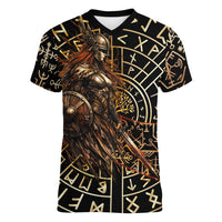 Viking Shieldmaiden and Yggdrasil Women V-Neck T-Shirt Norse Rune Circle Mythology Illustration