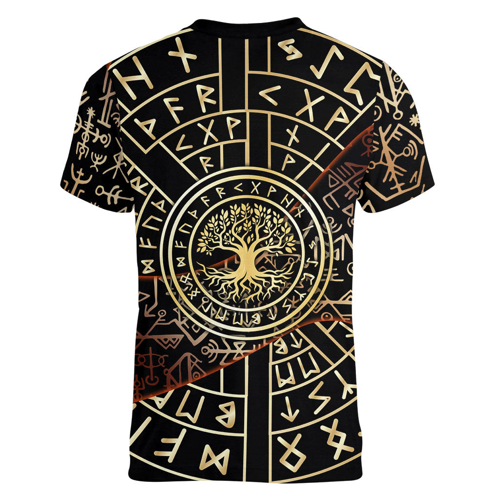 Viking Shieldmaiden and Yggdrasil Women V-Neck T-Shirt Norse Rune Circle Mythology Illustration