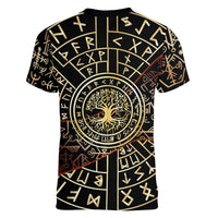 Viking Shieldmaiden and Yggdrasil Women V-Neck T-Shirt Norse Rune Circle Mythology Illustration