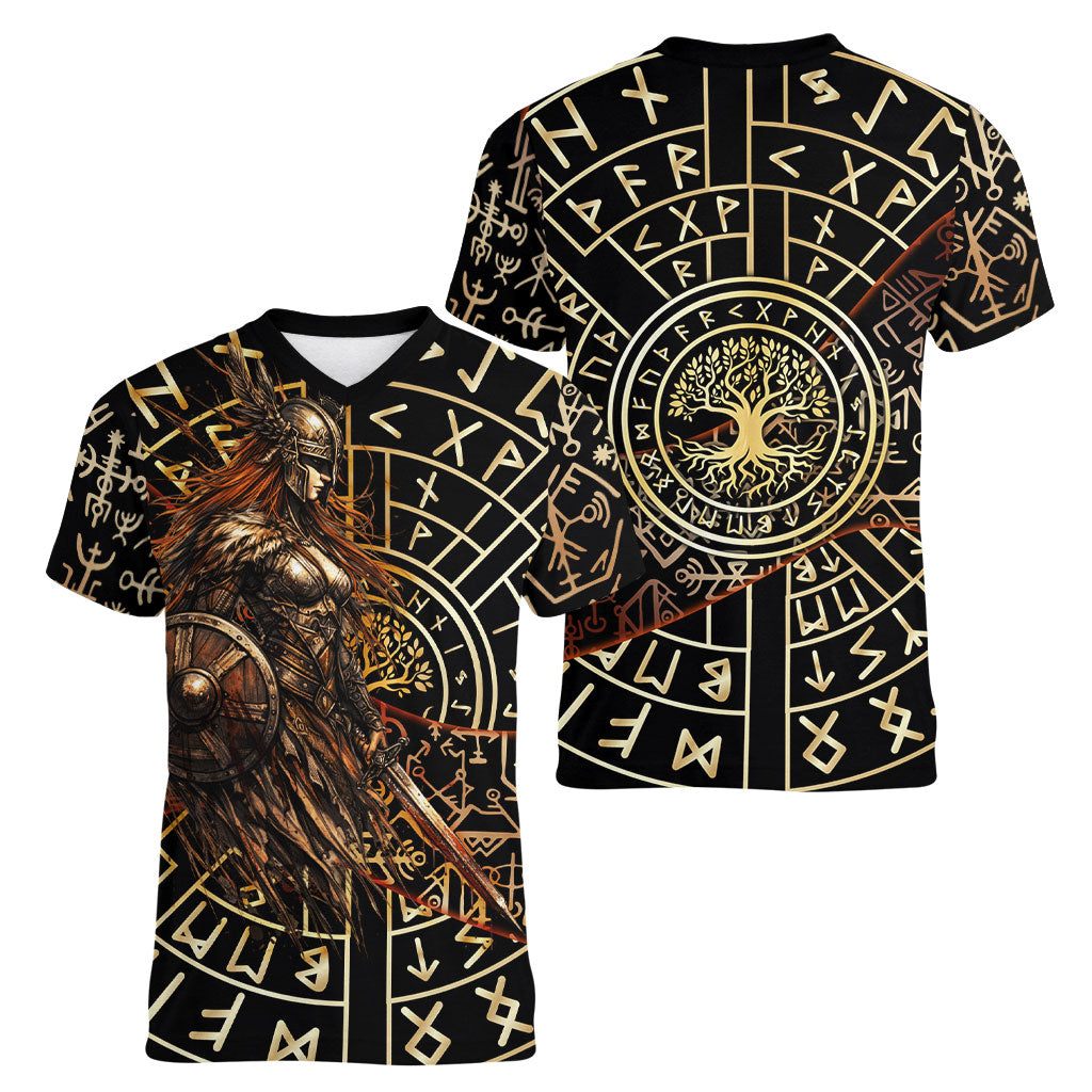 Viking Shieldmaiden and Yggdrasil Women V-Neck T-Shirt Norse Rune Circle Mythology Illustration