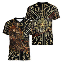 Viking Shieldmaiden and Yggdrasil Women V-Neck T-Shirt Norse Rune Circle Mythology Illustration
