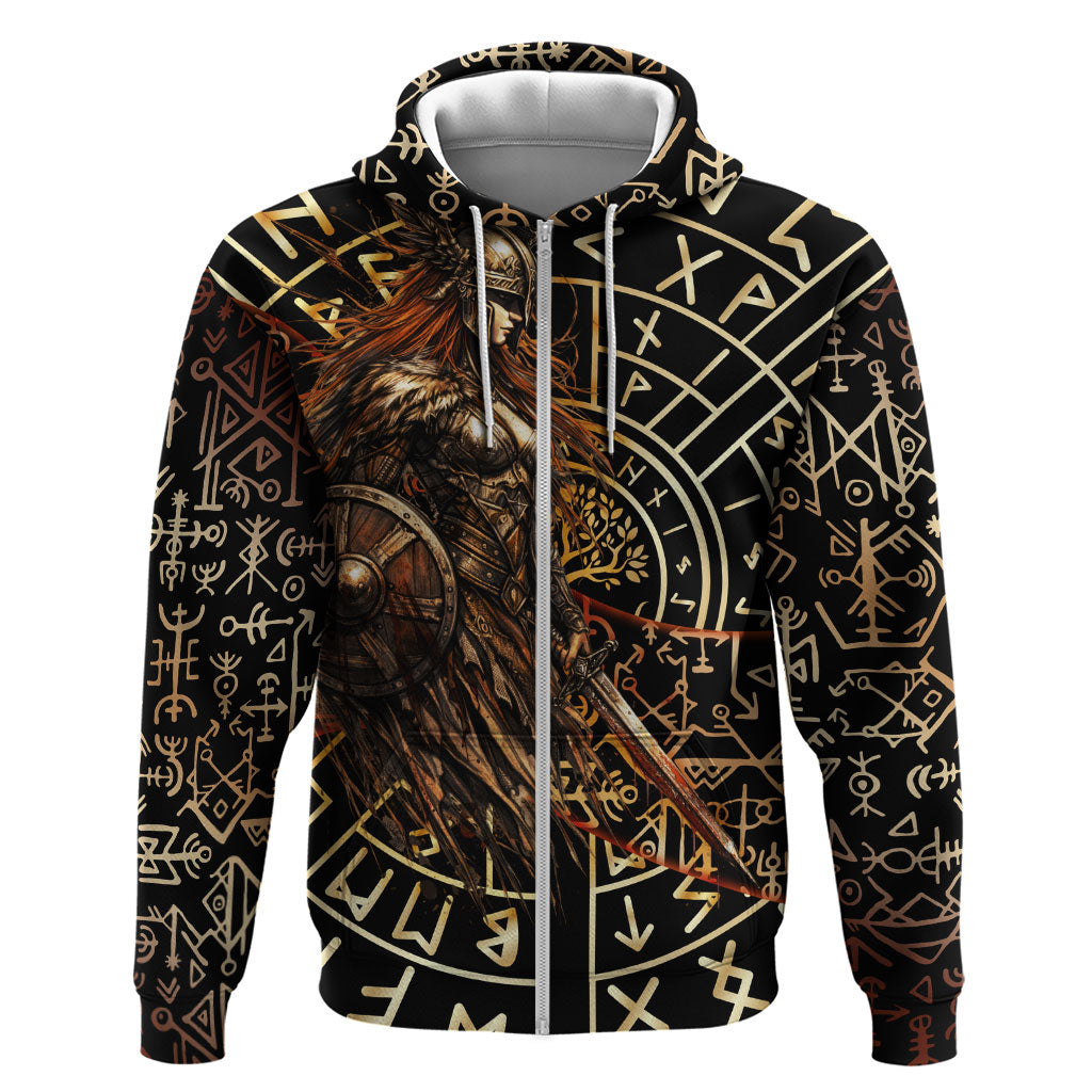Viking Shieldmaiden and Yggdrasil Zip Hoodie Norse Rune Circle Mythology Illustration
