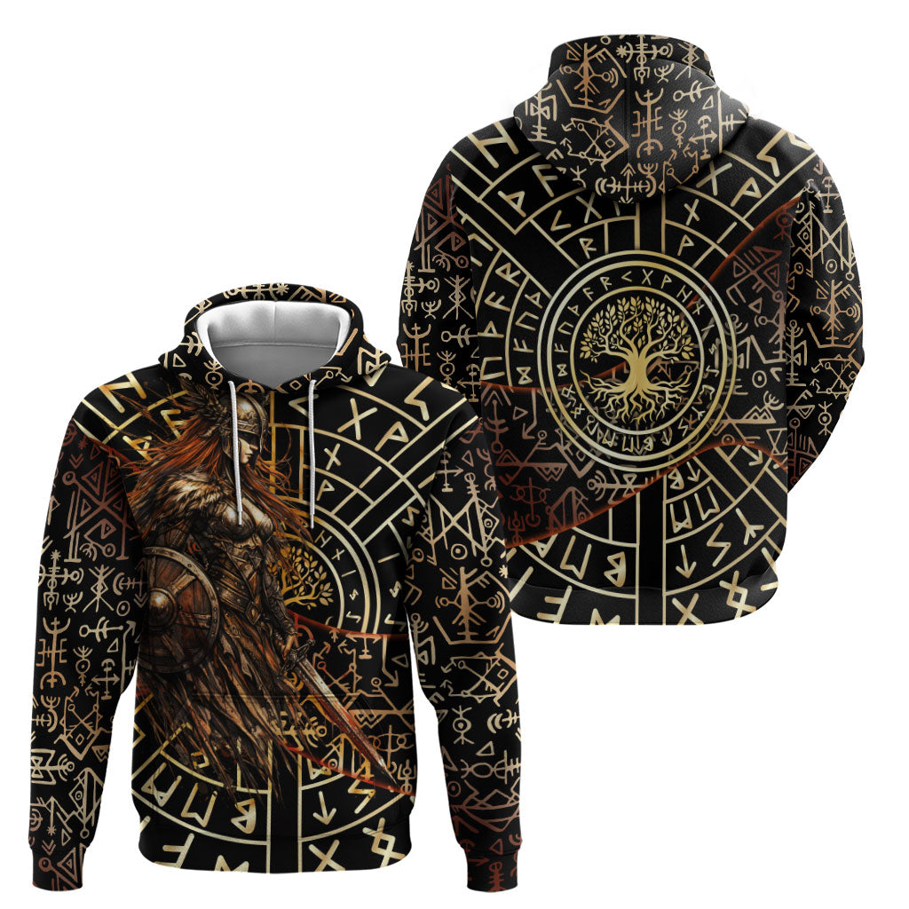 Viking Shieldmaiden and Yggdrasil Zip Hoodie Norse Rune Circle Mythology Illustration