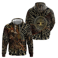 Viking Shieldmaiden and Yggdrasil Zip Hoodie Norse Rune Circle Mythology Illustration