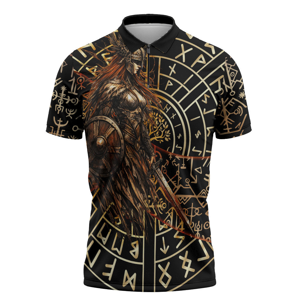Viking Shieldmaiden and Yggdrasil Zipper Polo Shirt Norse Rune Circle Mythology Illustration
